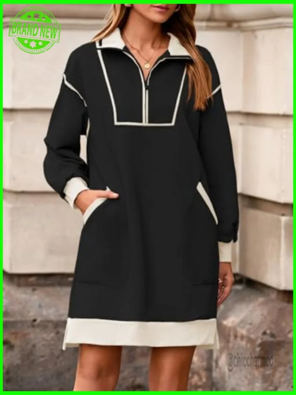 Oversized Half Zip Sweatshirt Dress Long Sleeve Mini Dress with Pockets - Picture 2 of 7